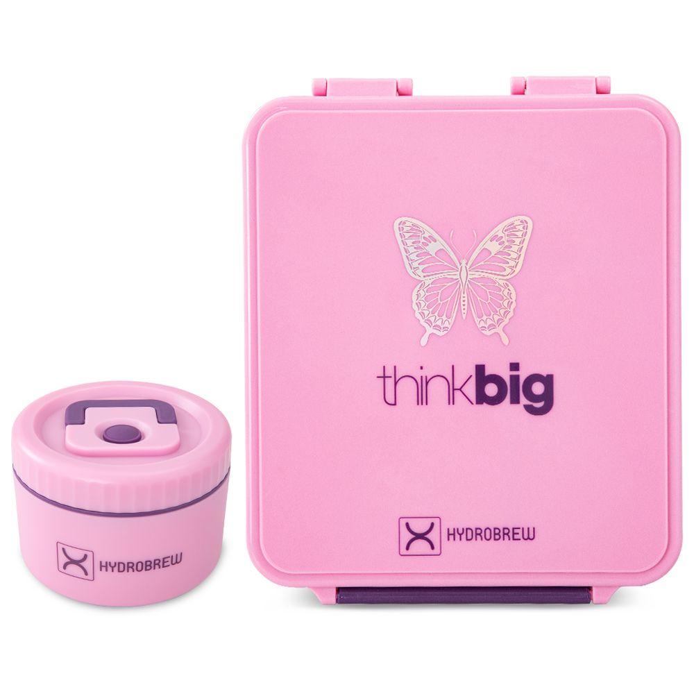 Hydrobrew - Bento 3 Compartment Lunch Box w/ Steel Food Jar & Stainless Steel Water Bottle - ThinkBig Pink