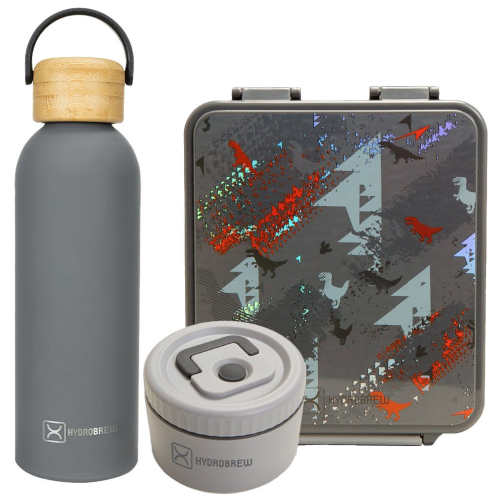 Hydrobrew - 3 Compartment Bento Lunch Box With Steel Food Jar & Water Bottle - Grey - 500 ml