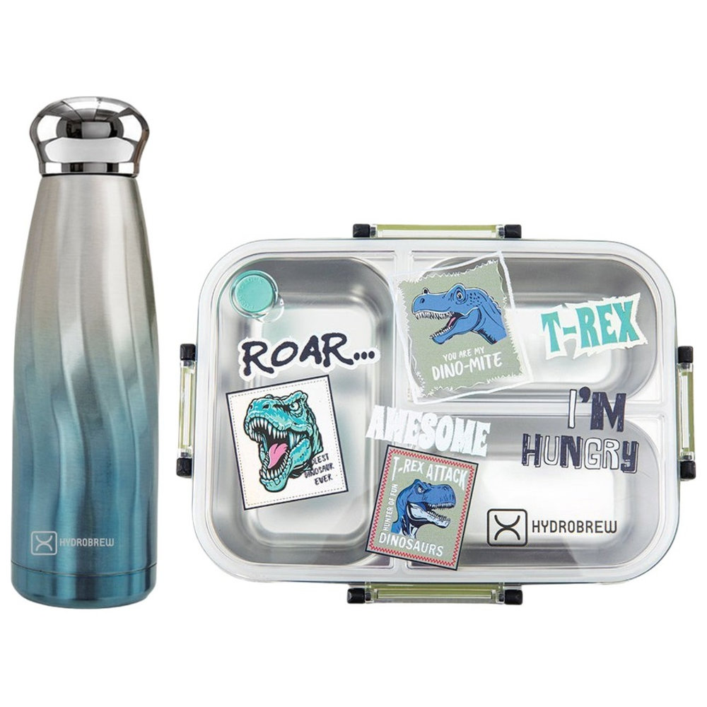 Hydrobrew - 3 Compartment Lunch Box With Stainless Steel Water Bottle - Olive Roar - 420 ml