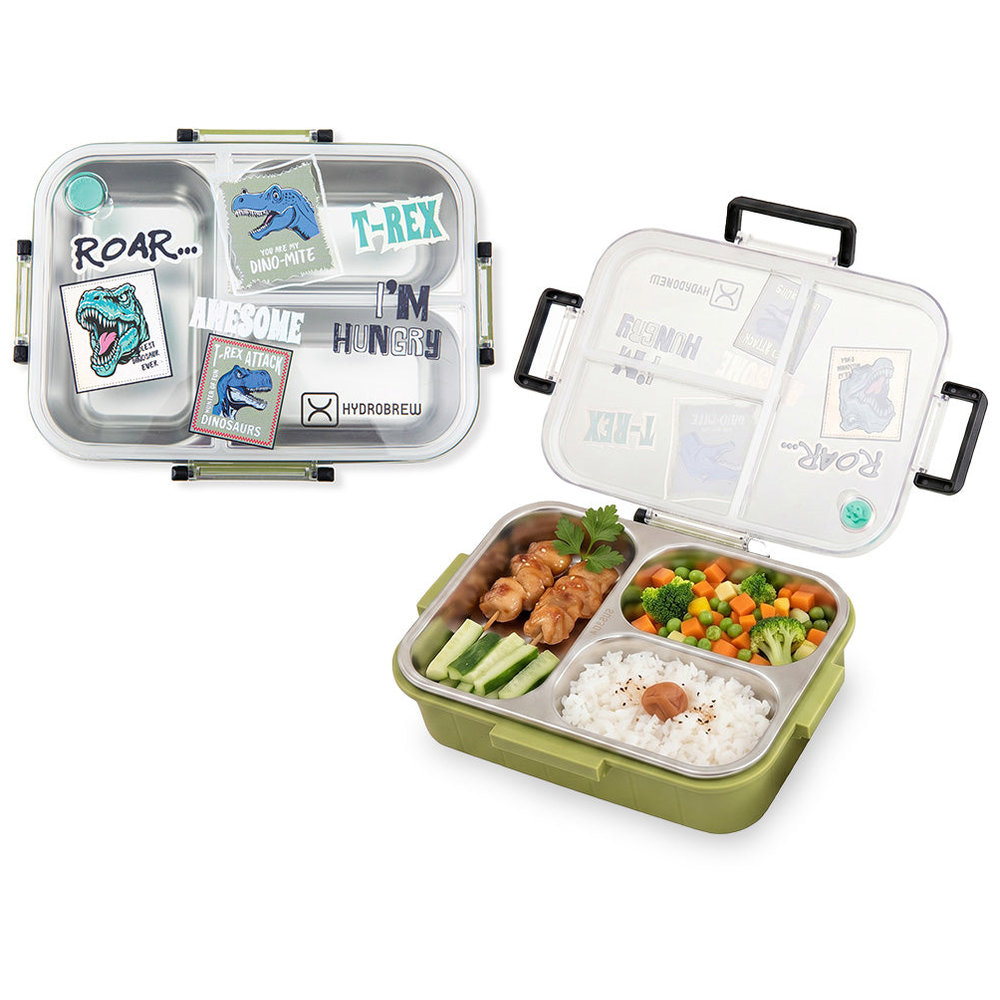 Hydrobrew - 3 Compartment Lunch Box With Stainless Steel Water Bottle - Olive Roar - 420 ml