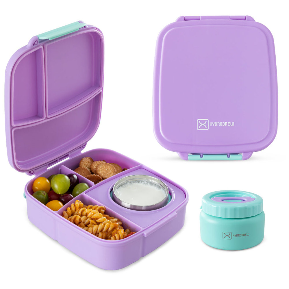 Hydrobrew - 4 Compartment Mega Flex Bento Lunch Box With Food Jar & Water Bottle - Purple - 500 ml