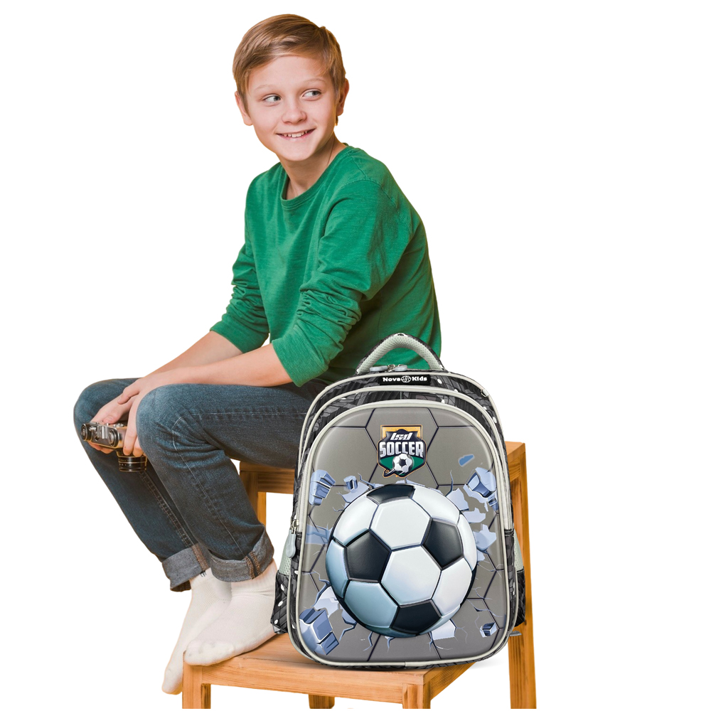 Nova Kids - Boy's 3D School Backpack & Trolley Set - Soccer Grey - 2 Pcs - 16.5-Inch/42cm