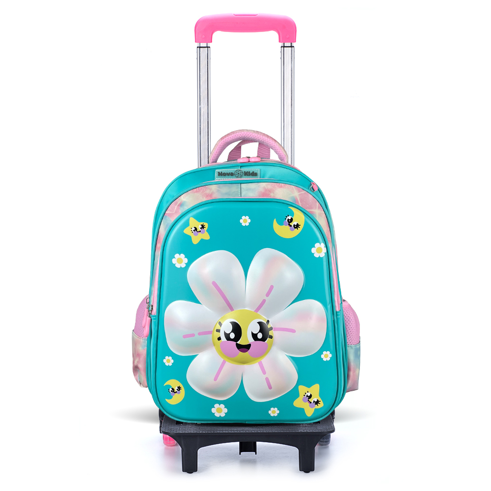 Nova Kids - Girl's 3D School Backpack & Trolley Set - Daisy Green - 2 Pcs - 16.5-Inch/42cm