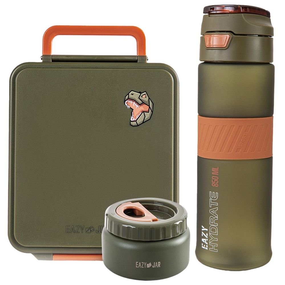 Eazy Kids - 4 Compartment Jumbo Bento Lunch Box And Tritan Water Bottle Set - Olive Green