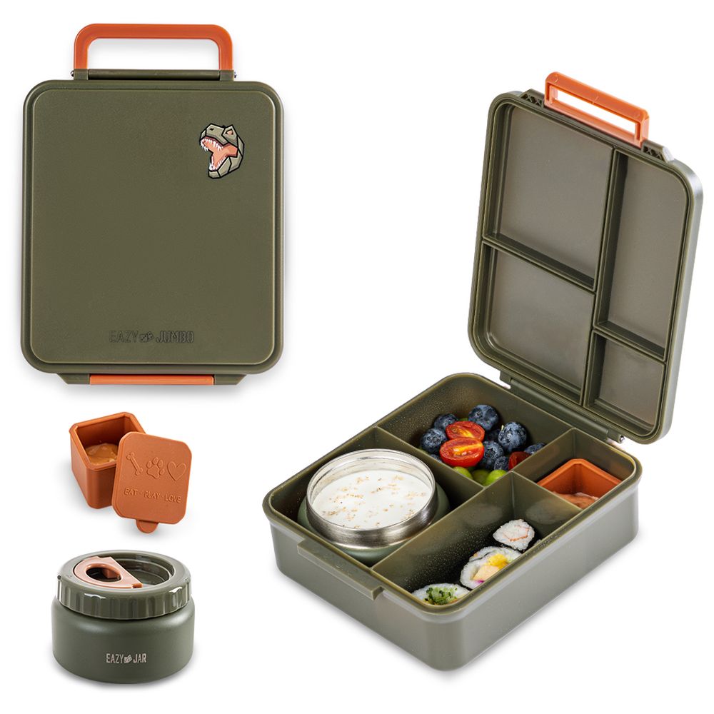 Eazy Kids - 4 Compartment Jumbo Bento Lunch Box And Tritan Water Bottle Set - Olive Green