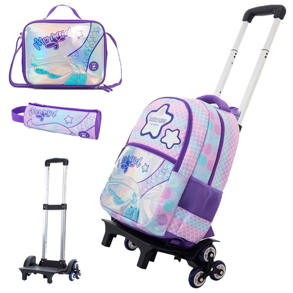 Eazy Kids - Trolley School Bag With Lunch Bag And Pencil Case Set - Purple - 16-Inch