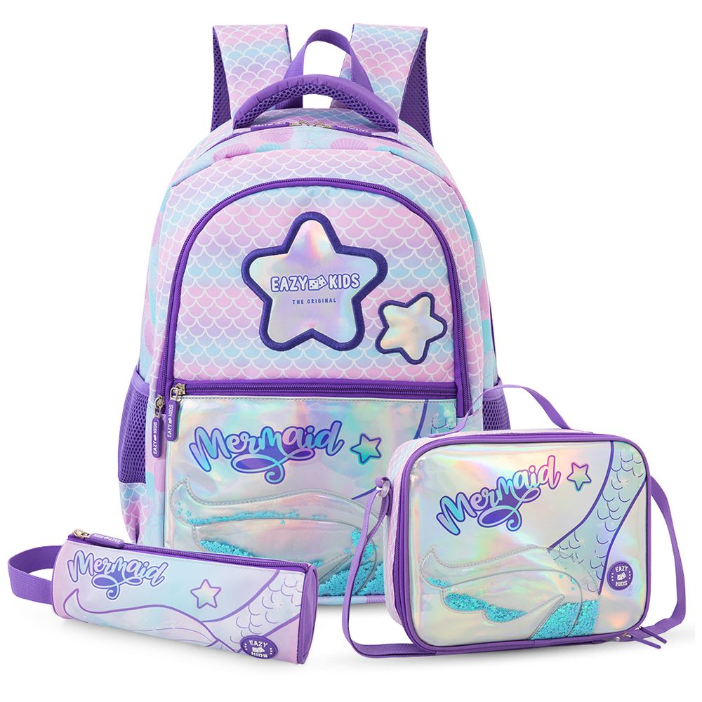 Eazy Kids - Trolley School Bag With Lunch Bag And Pencil Case Set - Purple - 16-Inch