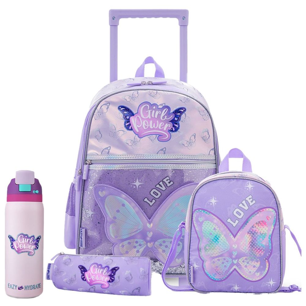 Eazy Kids - Girl Power Trolley Backpack With Sling Bag, Pencil Pouch And Water Bottle Set - Purple - 16-Inch