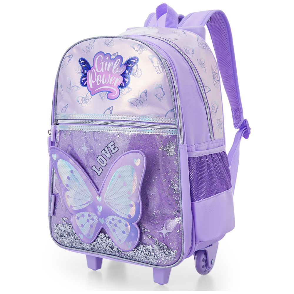 Eazy Kids - Girl Power Trolley Backpack With Sling Bag, Pencil Pouch And Water Bottle Set - Purple - 16-Inch