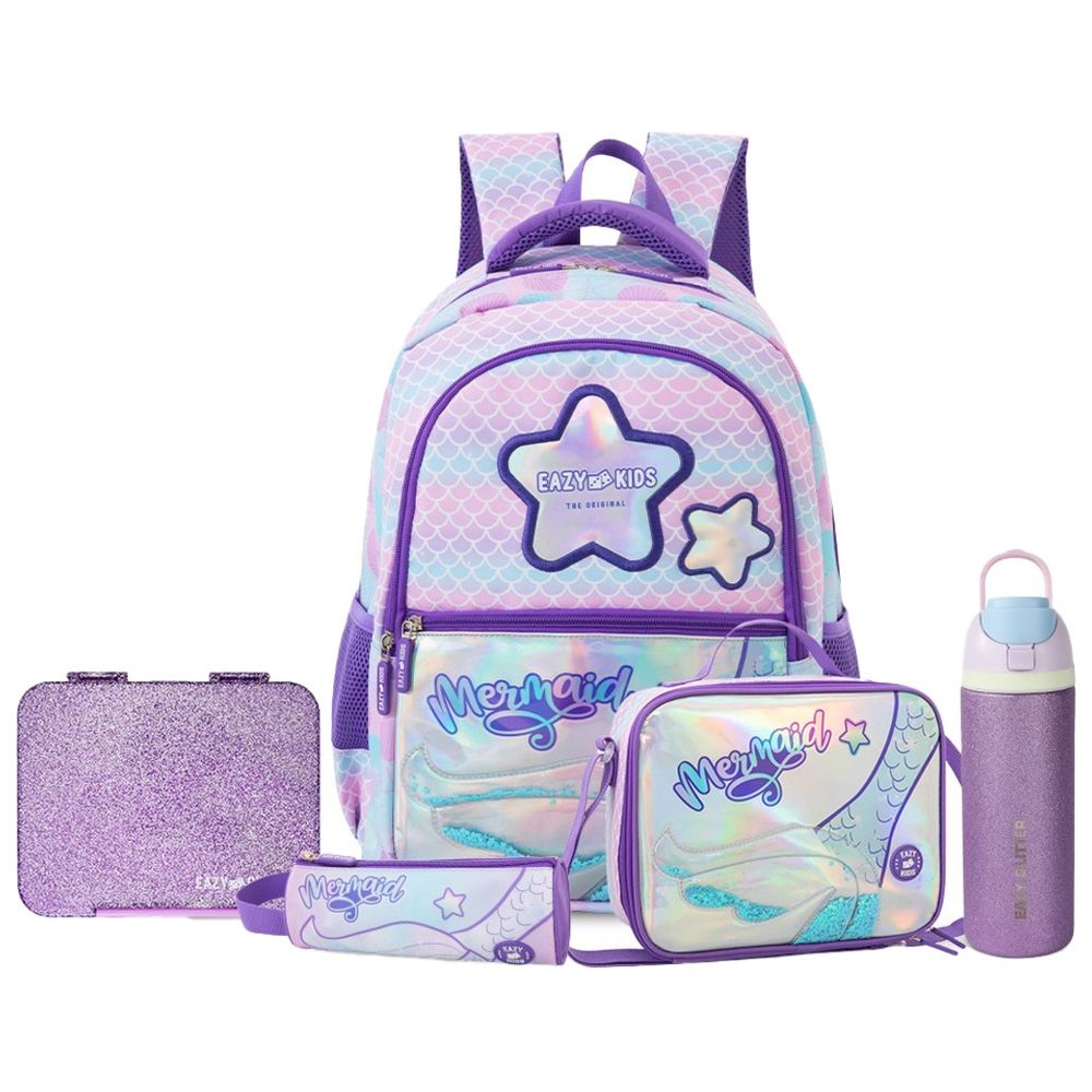 Eazy Kids - School Bag With Water Bottle, Lunch Bag, Pencil Case And Lunch Box Set - Purple - 16-Inch
