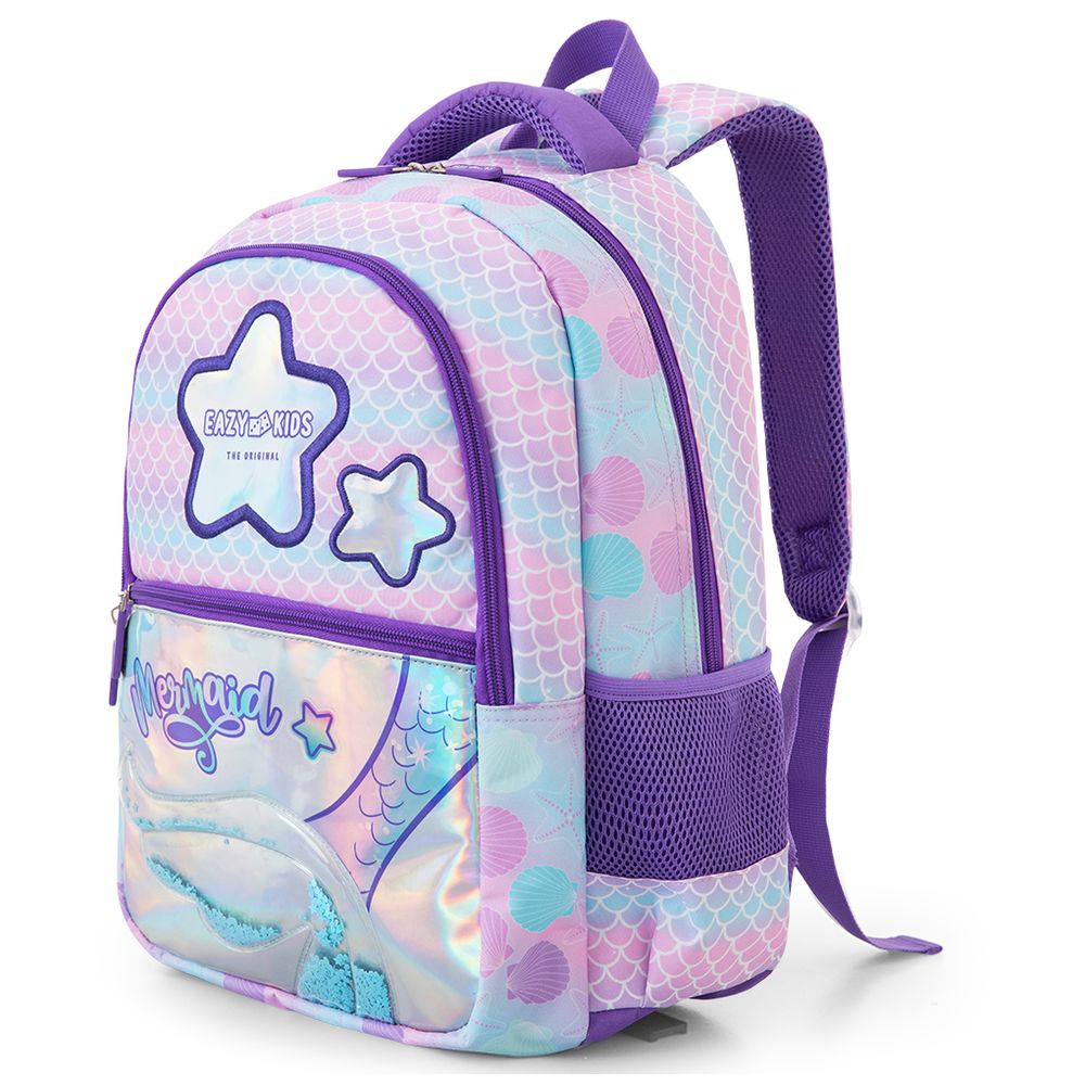 Eazy Kids - School Bag With Water Bottle, Lunch Bag, Pencil Case And Lunch Box Set - Purple - 16-Inch