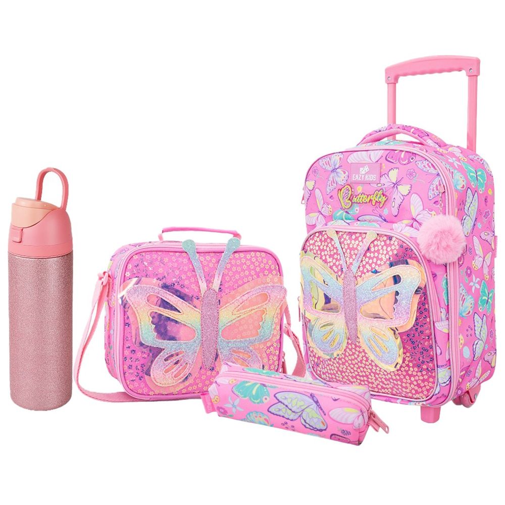 Eazy Kids - Butterfly Trolley School Bag With Glitter Water Bottle, Lunch Bag And Pencil Case - Pink - 17-Inch