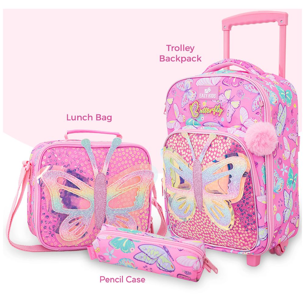 Eazy Kids - Butterfly Trolley School Bag With Glitter Water Bottle, Lunch Bag And Pencil Case - Pink - 17-Inch