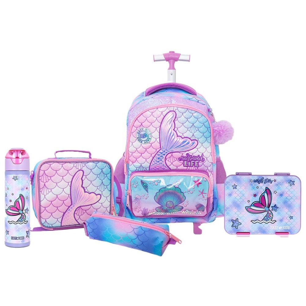 Eazy Kids - Mermaid Trolley School Bag With Lunch Box, Water Bottle, Lunch Bag And Pencil Case Set - Pink - 17-Inch