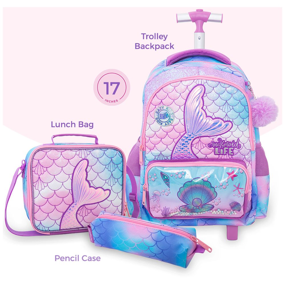 Eazy Kids - Mermaid Trolley School Bag With Lunch Box, Water Bottle, Lunch Bag And Pencil Case Set - Pink - 17-Inch