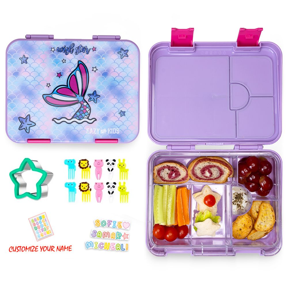 Eazy Kids - Mermaid Trolley School Bag With Lunch Box, Water Bottle, Lunch Bag And Pencil Case Set - Pink - 17-Inch