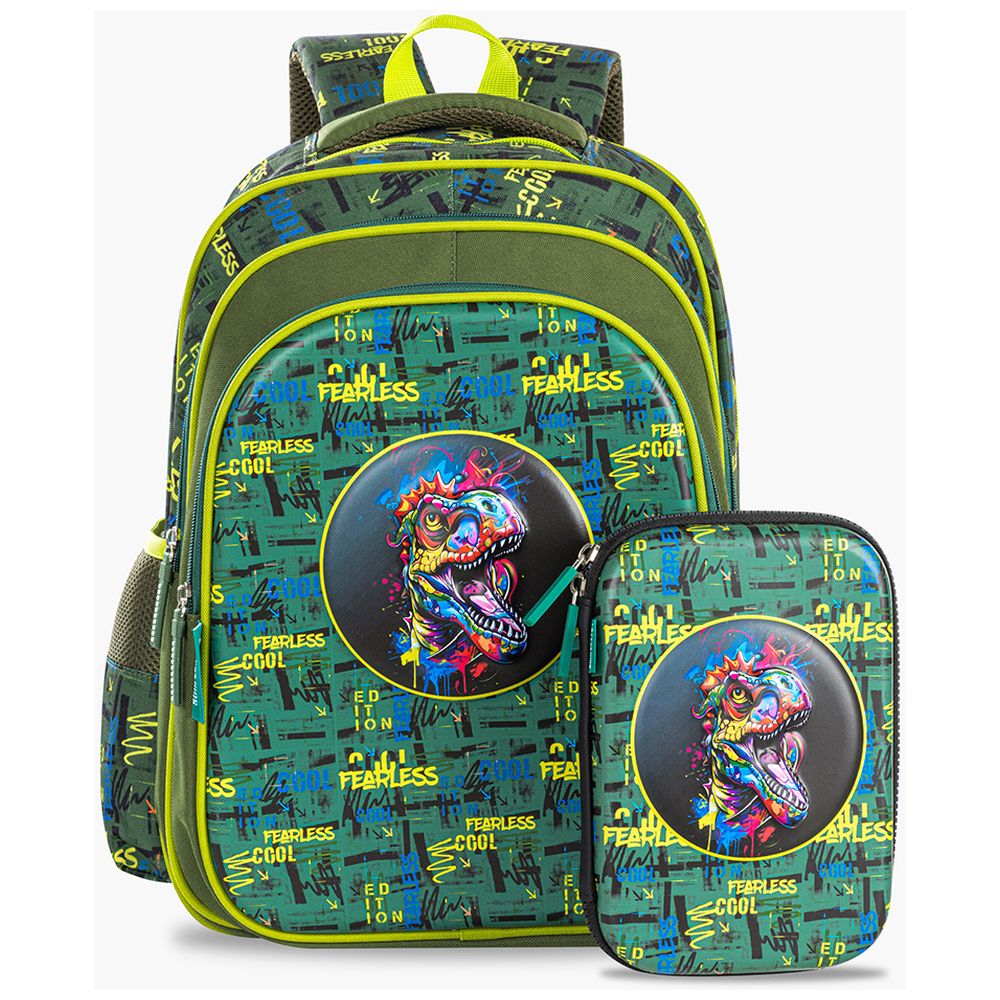 Eazy Kids - Dino Print School Bag With Lunch Box, Pencil Case And Water Bottle Set - Green - 16-Inch