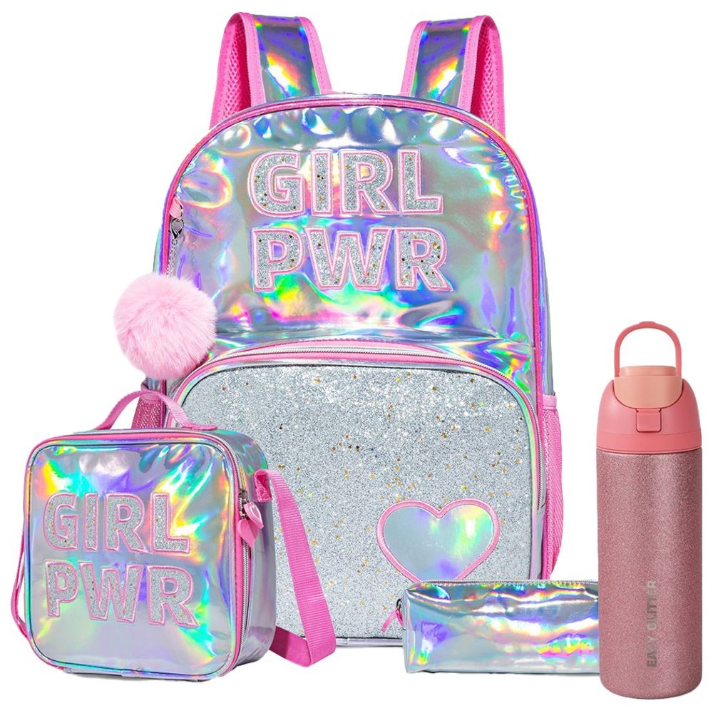 Eazy Kids - Girl Power School Bag With Lunch Bag, Pencil Case And Water Bottle Set - Glitter Pink - 18-Inch