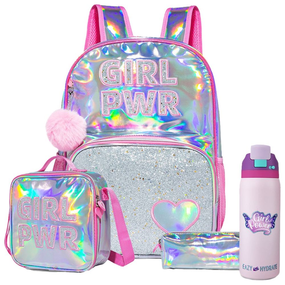 Eazy Kids - Girl Power School Bag With Lunch Bag, Pencil Case And Water Bottle Set - Pink - 18-Inch