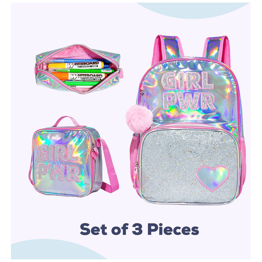 Eazy Kids - Girl Power School Bag With Lunch Bag, Pencil Case And Water Bottle Set - Pink - 18-Inch