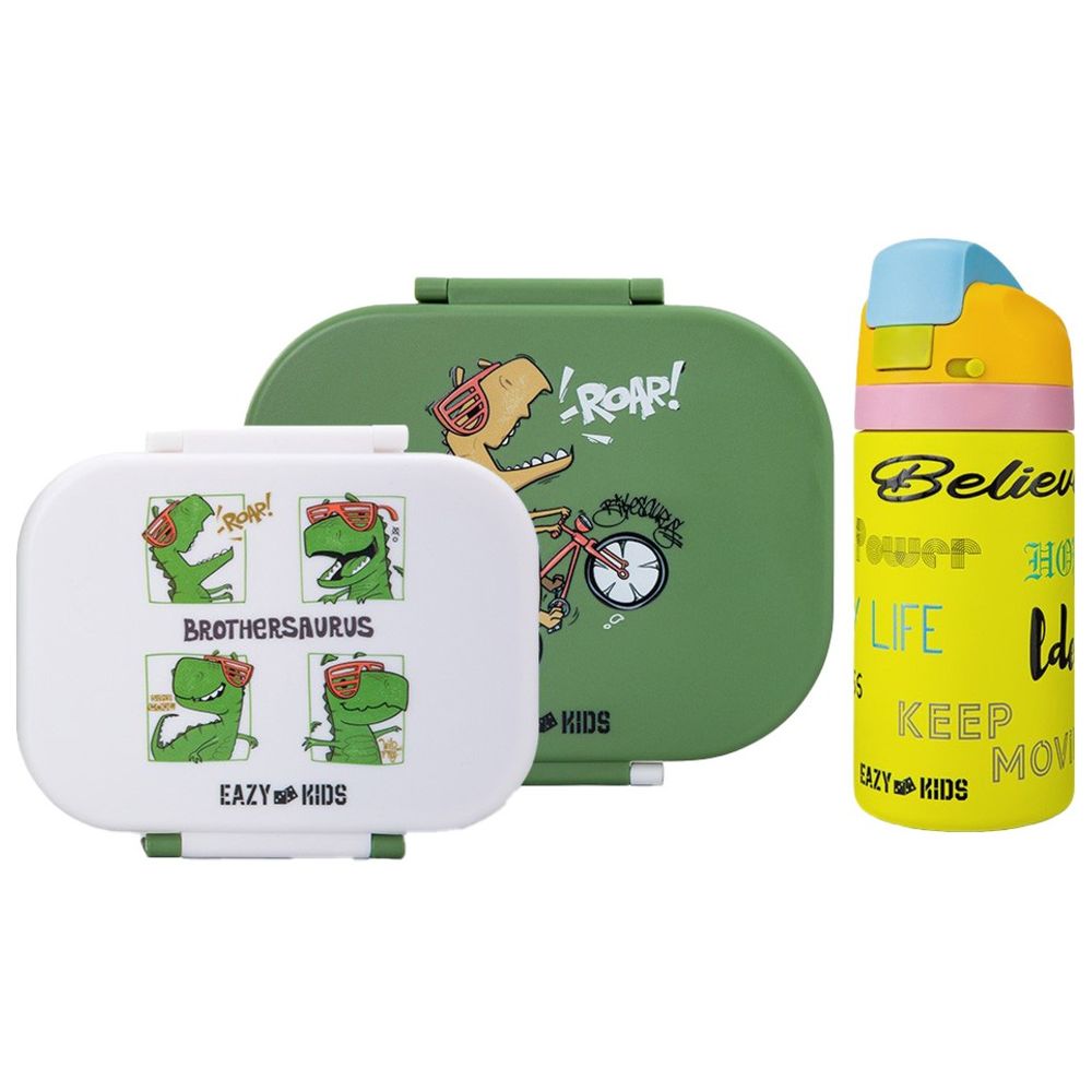 Eazy Kids - Bento Lunch Boxes And Stainless Steel Water Bottle - Dino Green - 3 Pc Set
