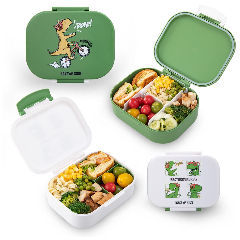 Eazy Kids - Bento Lunch Boxes And Stainless Steel Water Bottle - Dino Green - 3 Pc Set