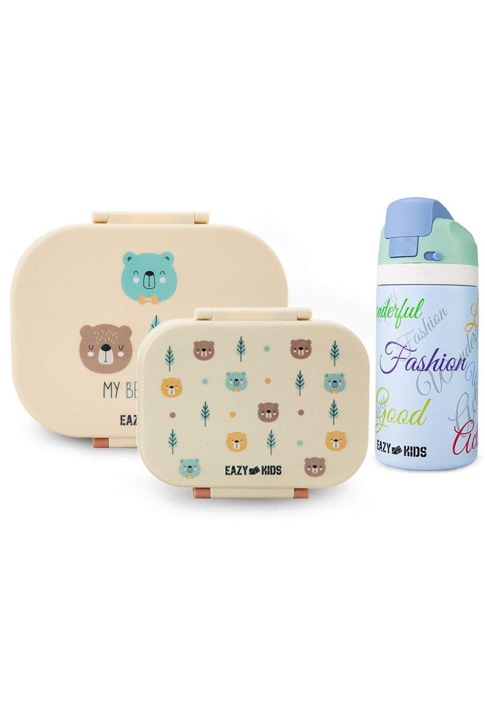 Eazy Kids - Bento Lunch Box & Stainless Steel Water Bottle Set - Ivory/Blue - 3 Pcs
