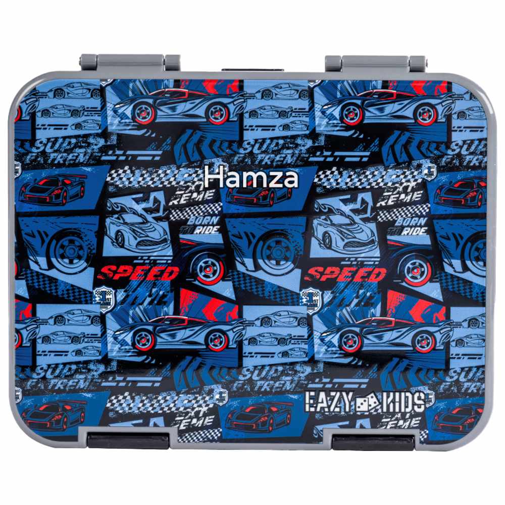 Eazy Kids - Personalized 4/6 Convertible Bento Lunch Box Set - Car Racing Blue
