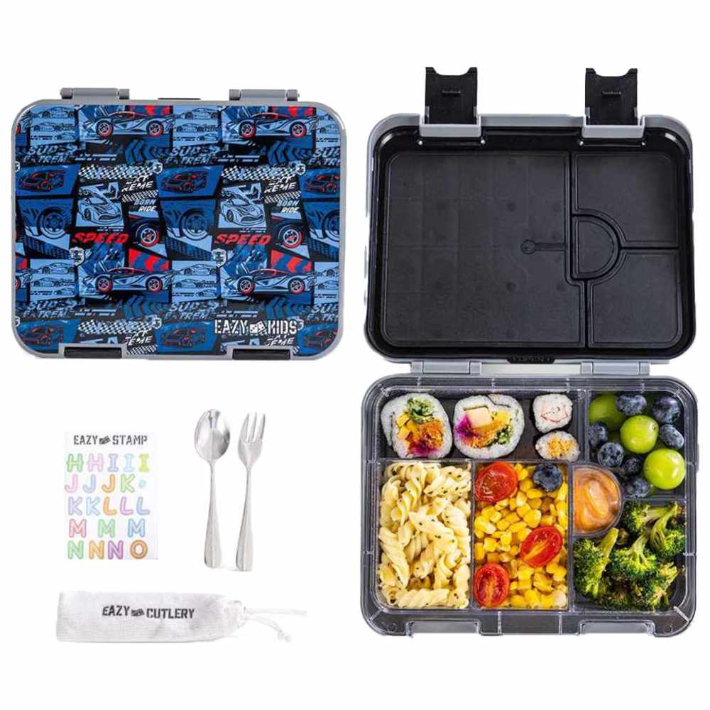 Eazy Kids - Personalized 4/6 Convertible Bento Lunch Box Set - Car Racing Blue