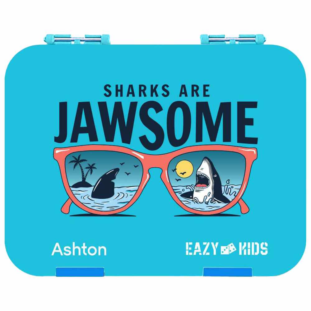 Eazy Kids - Personalized 4/6 Convertible Bento Lunch Box Set - Jawsome Blue