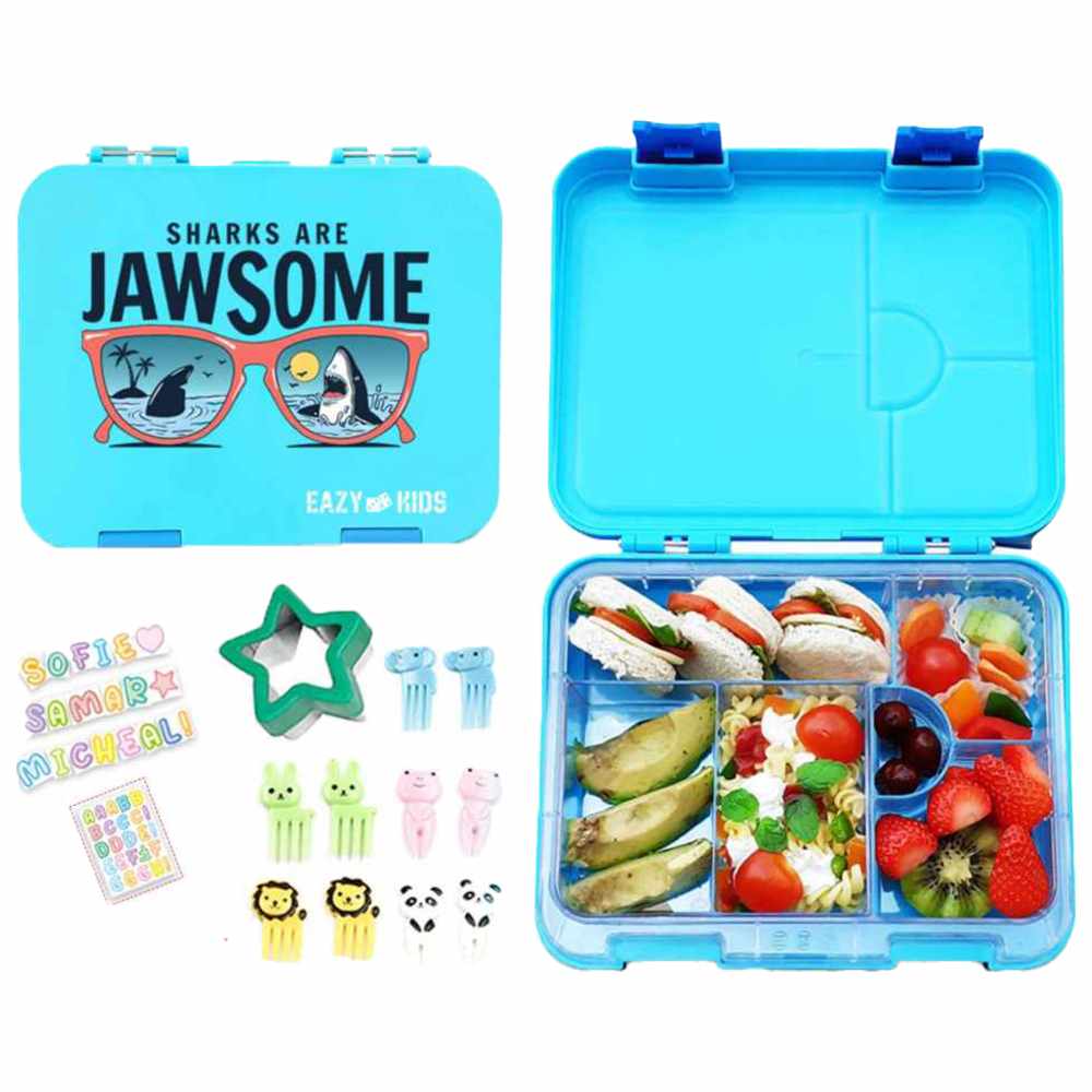 Eazy Kids - Personalized 4/6 Convertible Bento Lunch Box Set - Jawsome Blue