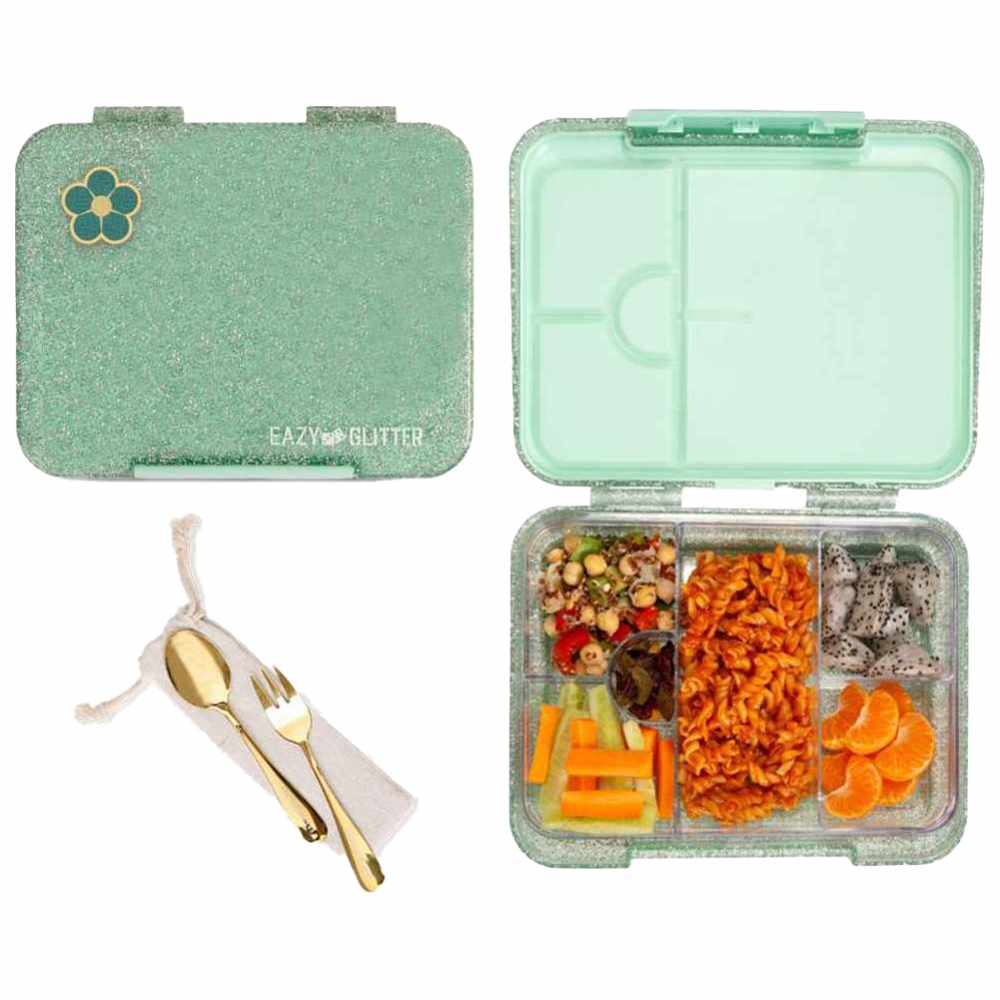 Eazy Kids - Personalized 4/6 Convertible Bento Lunch Box Set - Glitter Green