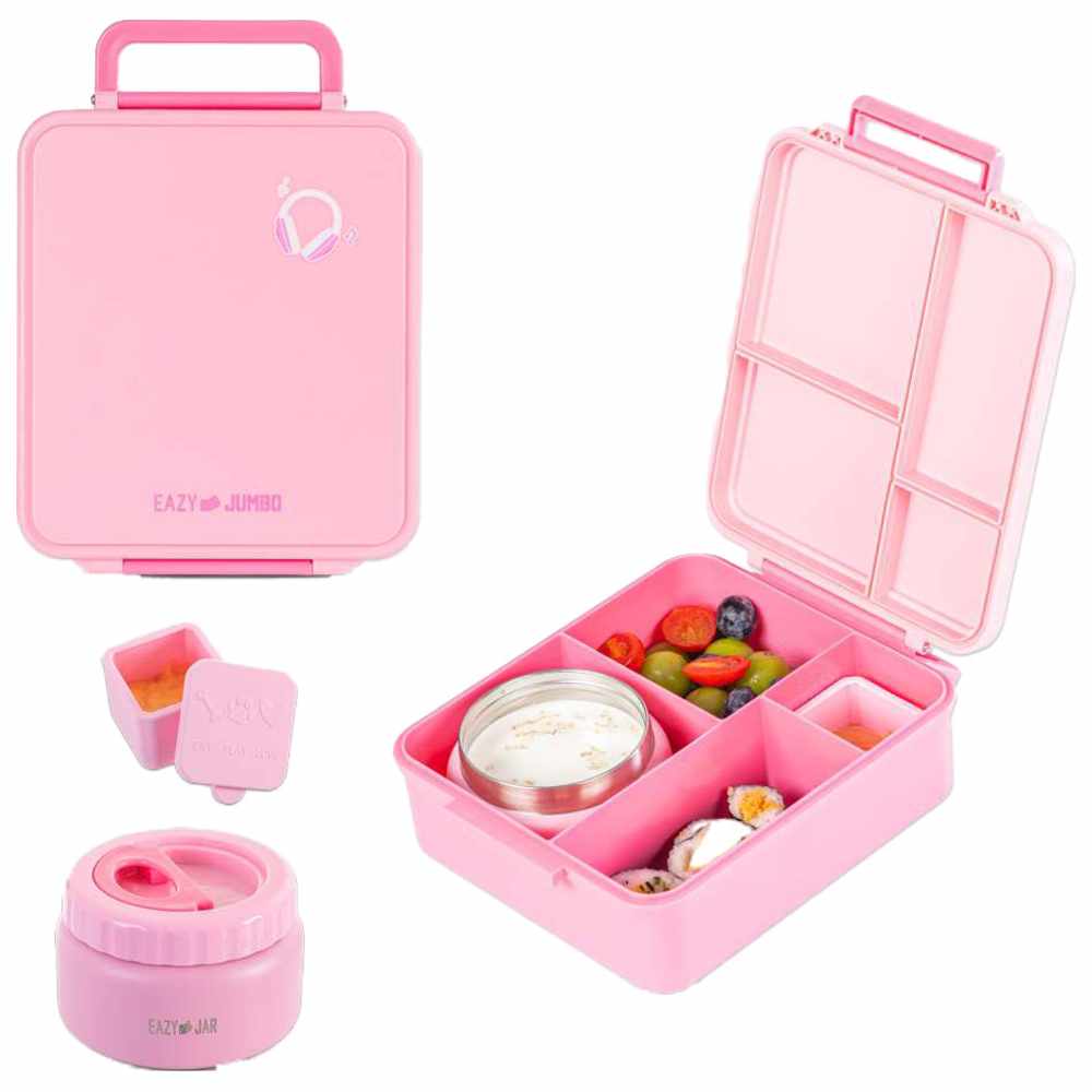 Eazy Kids - Personalized 4-Compartment Jumbo Bento Lunch Box Set - Pink