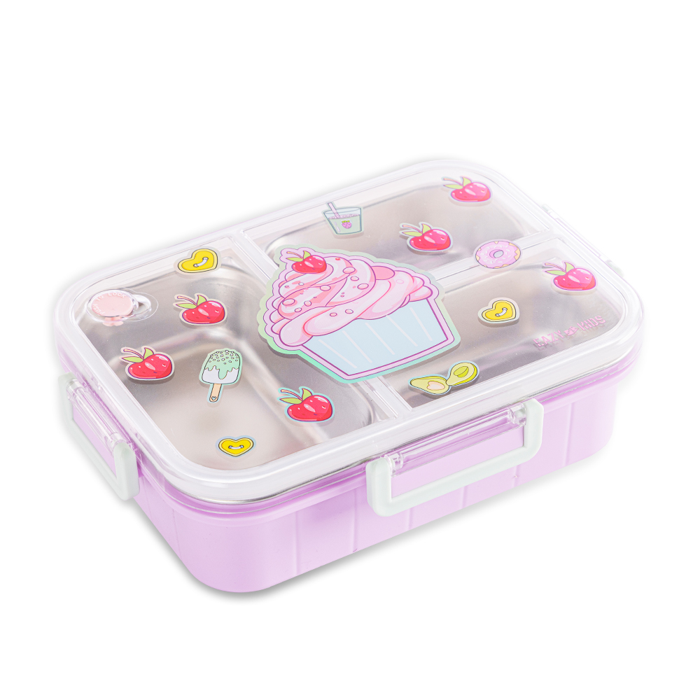 Eazy Kids - 3 Compartment Steel Bento Lunch Box 800ml - Cup Cake Purple