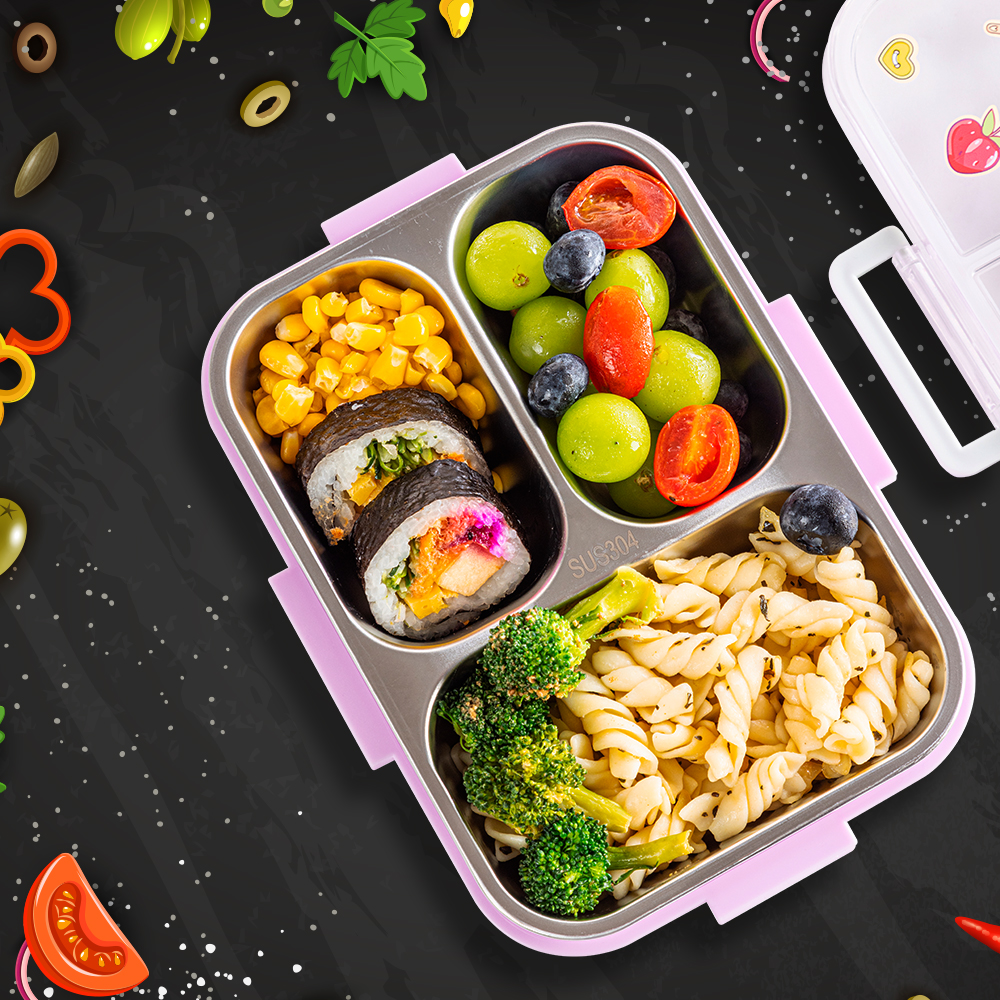 Eazy Kids - 3 Compartment Steel Bento Lunch Box 800ml - Cup Cake Purple