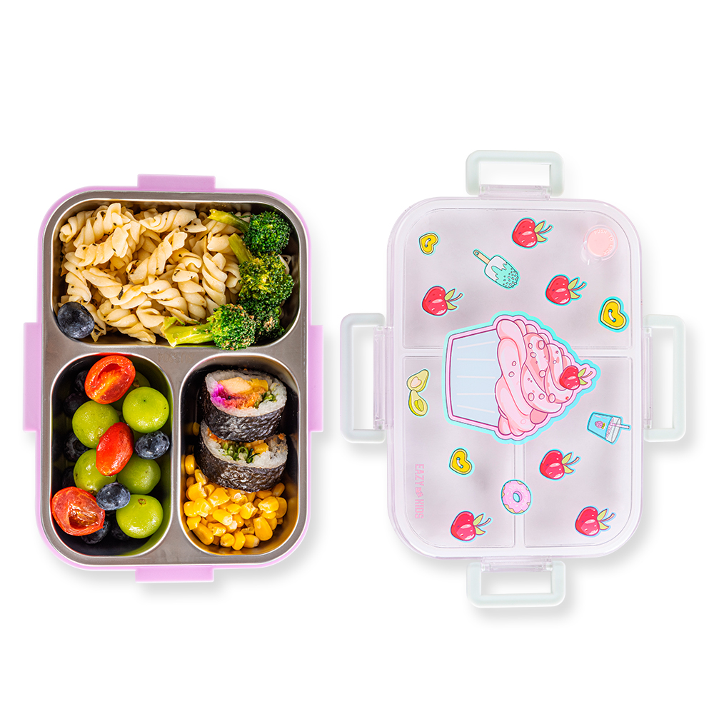 Eazy Kids - 3 Compartment Steel Bento Lunch Box 800ml - Cup Cake Purple