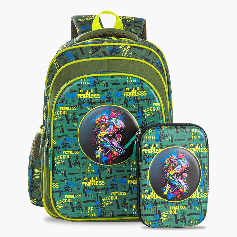 Eazy Kids - School Bag with Pencil Case - Dino Green - 16-Inch/41cm