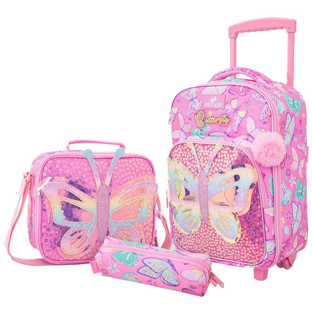 Eazy Kids - Trolley School Backpack With Lunch Bag And Pencil Case - Butterfly Pink - 17-Inch