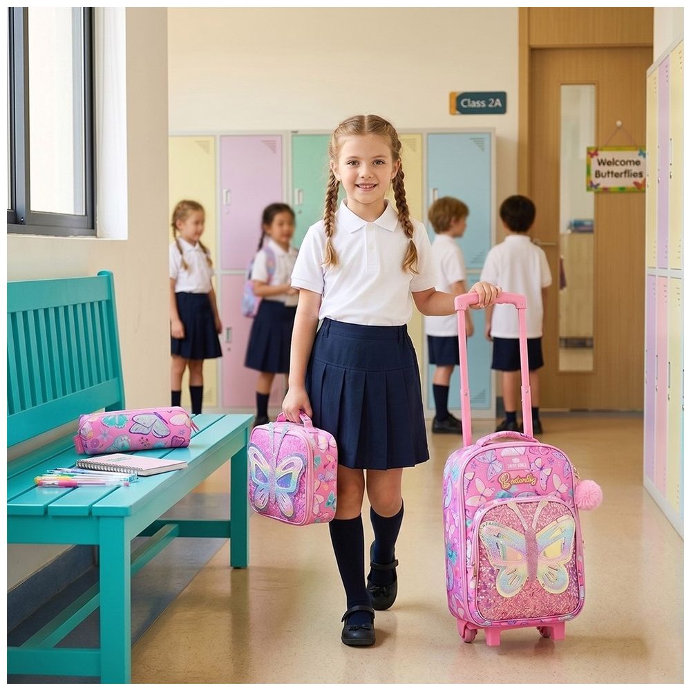 Eazy Kids - Trolley School Backpack With Lunch Bag And Pencil Case - Butterfly Pink - 17-Inch