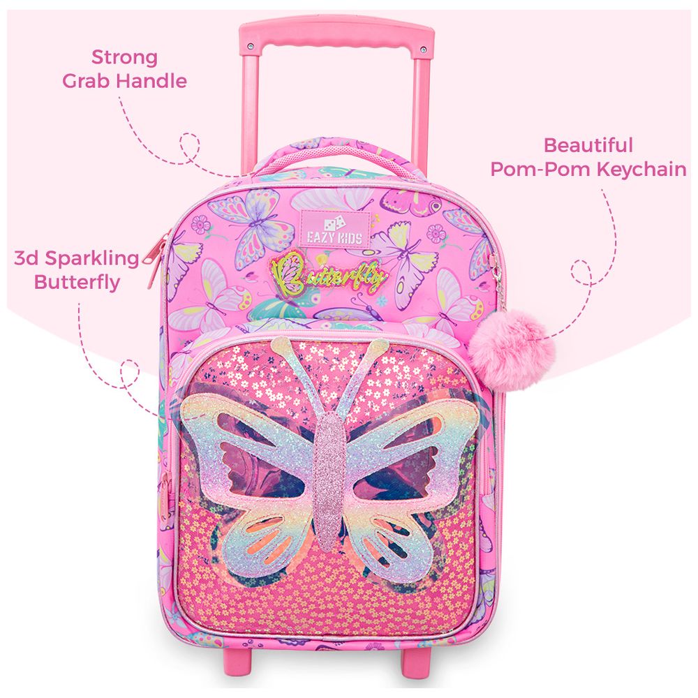 Eazy Kids - Trolley School Backpack With Lunch Bag And Pencil Case - Butterfly Pink - 17-Inch