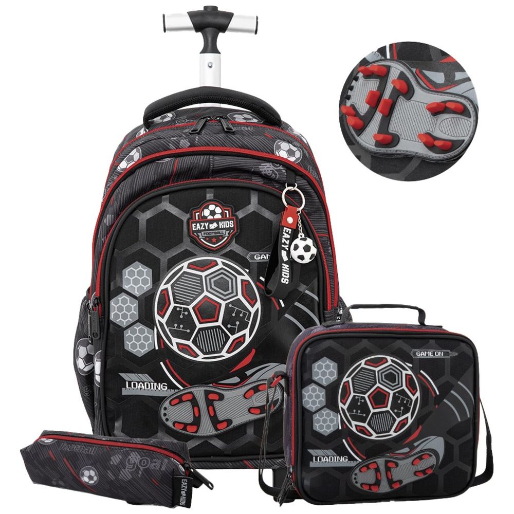 Eazy Kids - Football Trolley School Backpack With Lunch Bag And Pencil Case - Black - 17-Inch