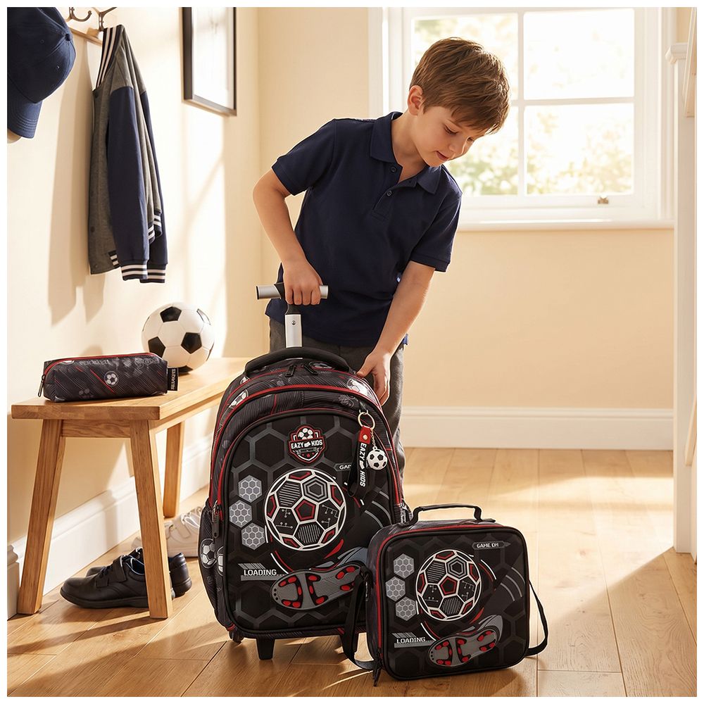 Eazy Kids - Football Trolley School Backpack With Lunch Bag And Pencil Case - Black - 17-Inch