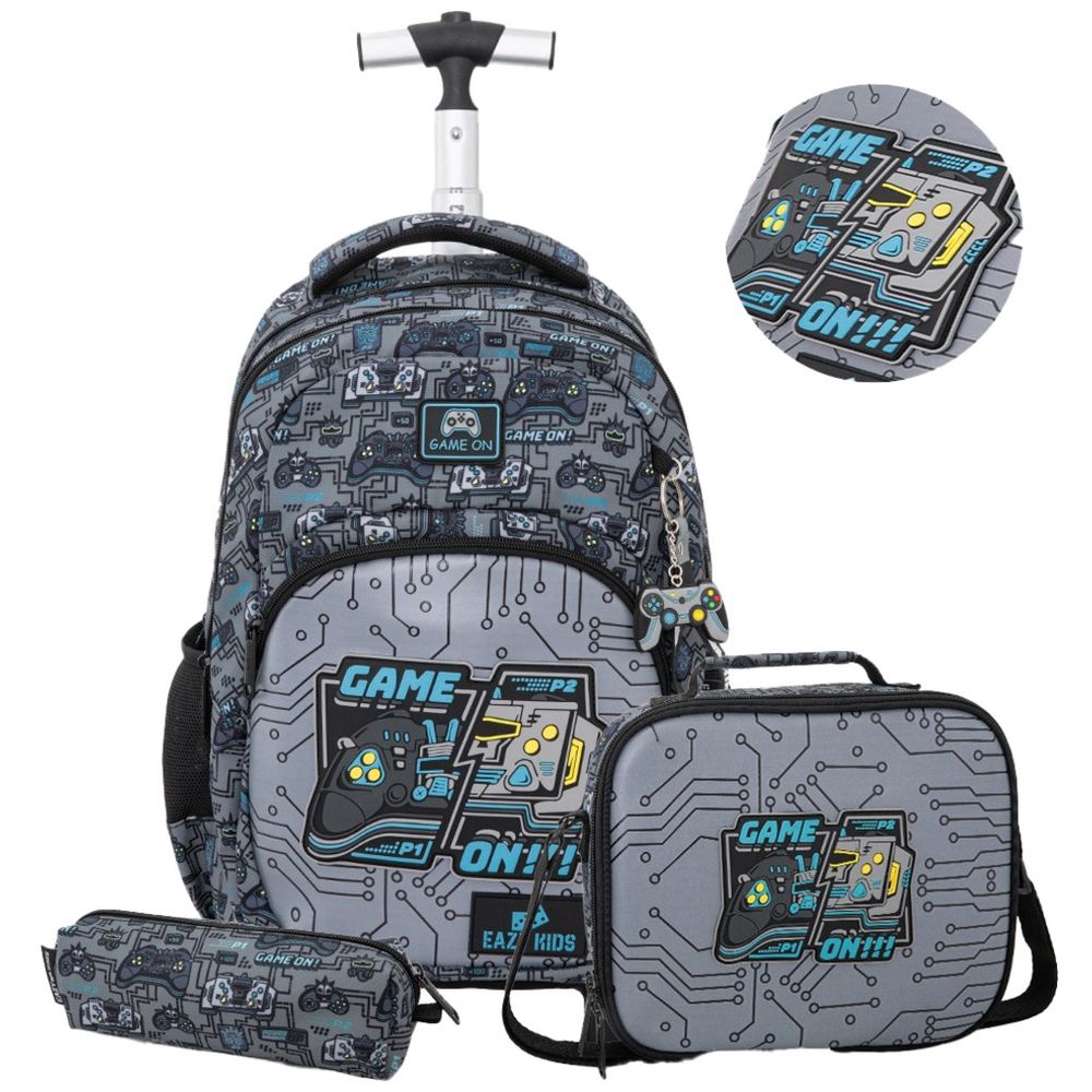 Eazy Kids - Gamer Trolley School Backpack With Lunch Bag And Pencil Case - Grey - 17-Inch