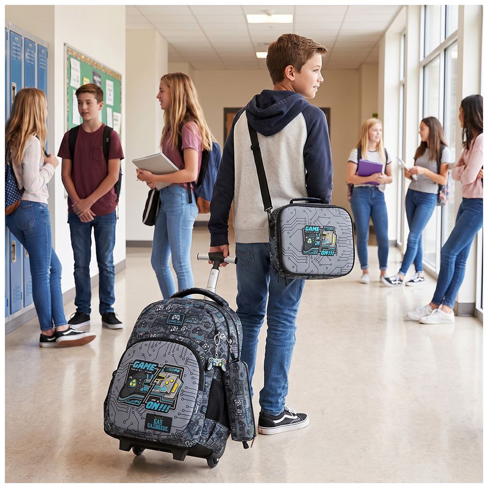 Eazy Kids - Gamer Trolley School Backpack With Lunch Bag And Pencil Case - Grey - 17-Inch