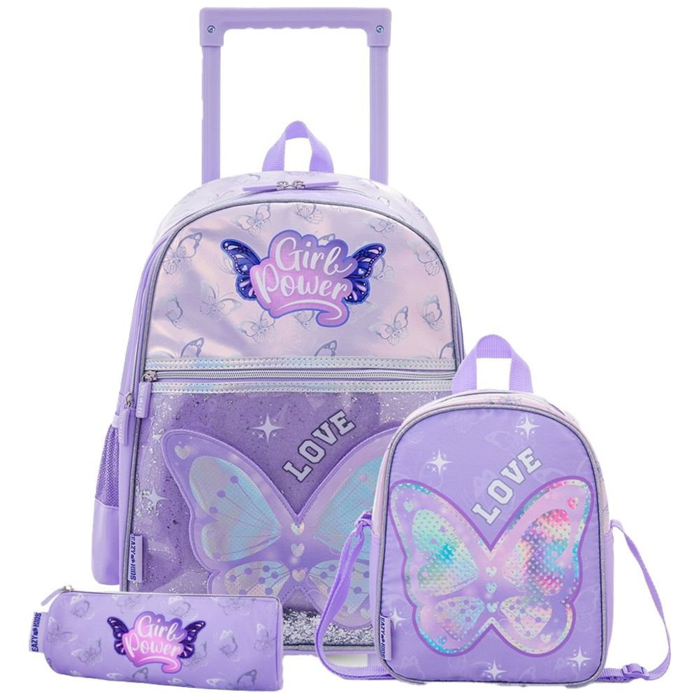 Eazy Kids - Trolley School Bag Combo - Power Purple - 16-Inch - 3 Pc Set