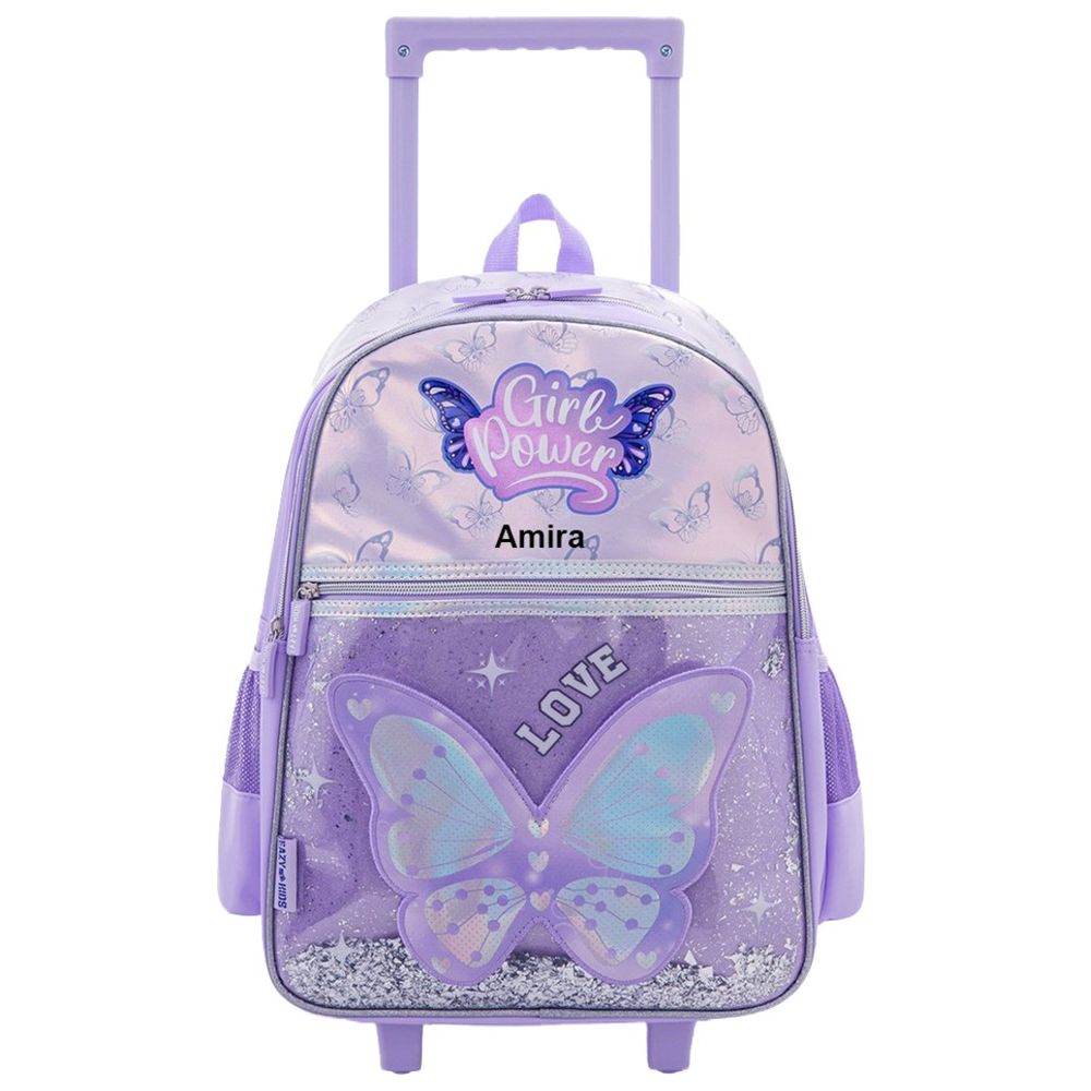 Eazy Kids - Personalized Trolley School Bag With Lunch Bag & Pencil Case - Power Purple - 16-Inch - 3 Pc Set