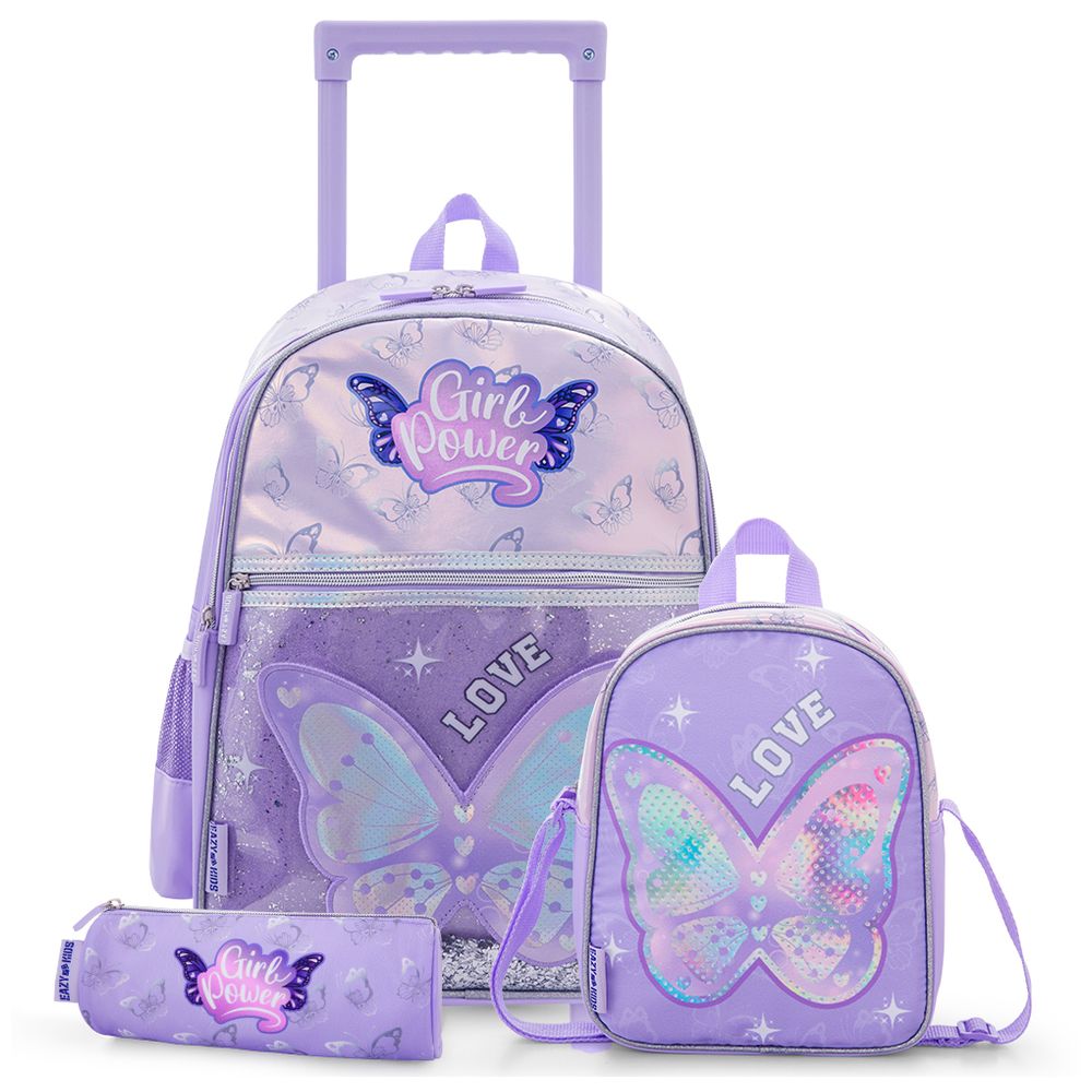 Eazy Kids - Personalized Trolley School Bag With Lunch Bag & Pencil Case - Power Purple - 16-Inch - 3 Pc Set