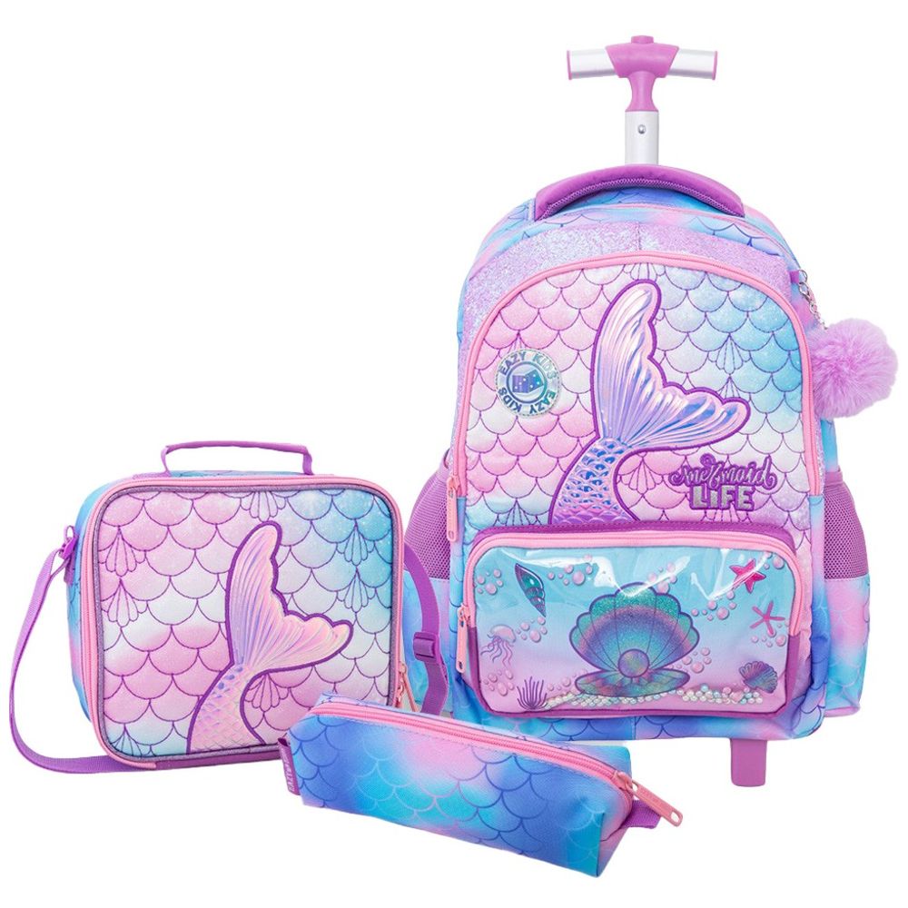 Eazy Kids - Trolley School Backpack With Lunch Bag And Pencil Case - Mermaid Pink - 17-Inch