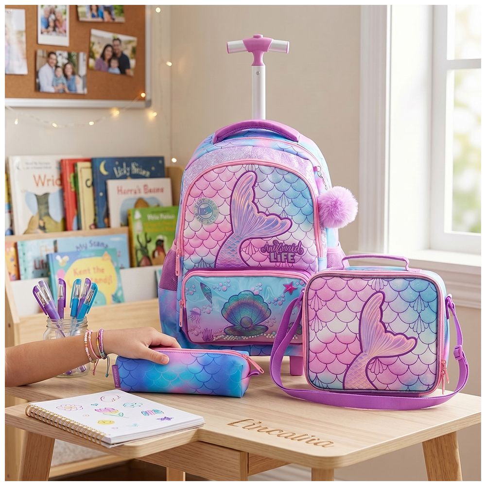 Eazy Kids - Trolley School Backpack With Lunch Bag And Pencil Case - Mermaid Pink - 17-Inch