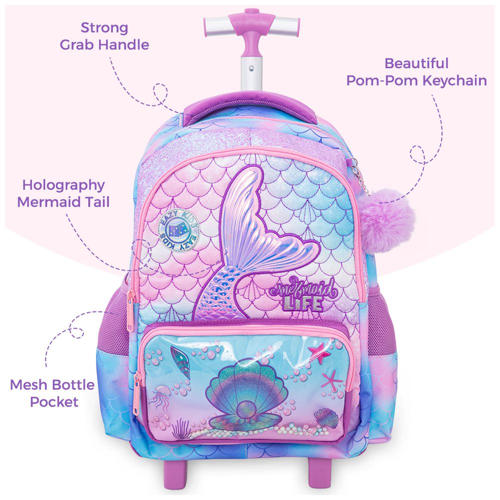 Eazy Kids - Trolley School Backpack With Lunch Bag And Pencil Case - Mermaid Pink - 17-Inch